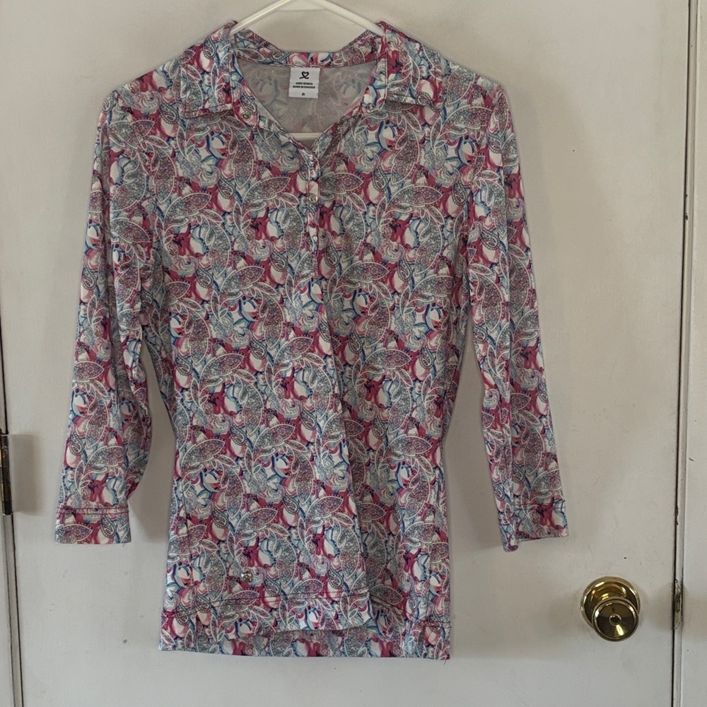 Daily Sports magenta blue white 3/4 sleeve mesh top Size Medium